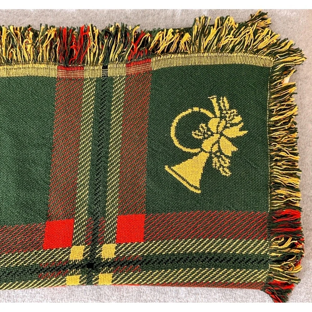 VTG Christmas Throw Blanket Green Gold Horn Holiday Traditional Cabin Grandma